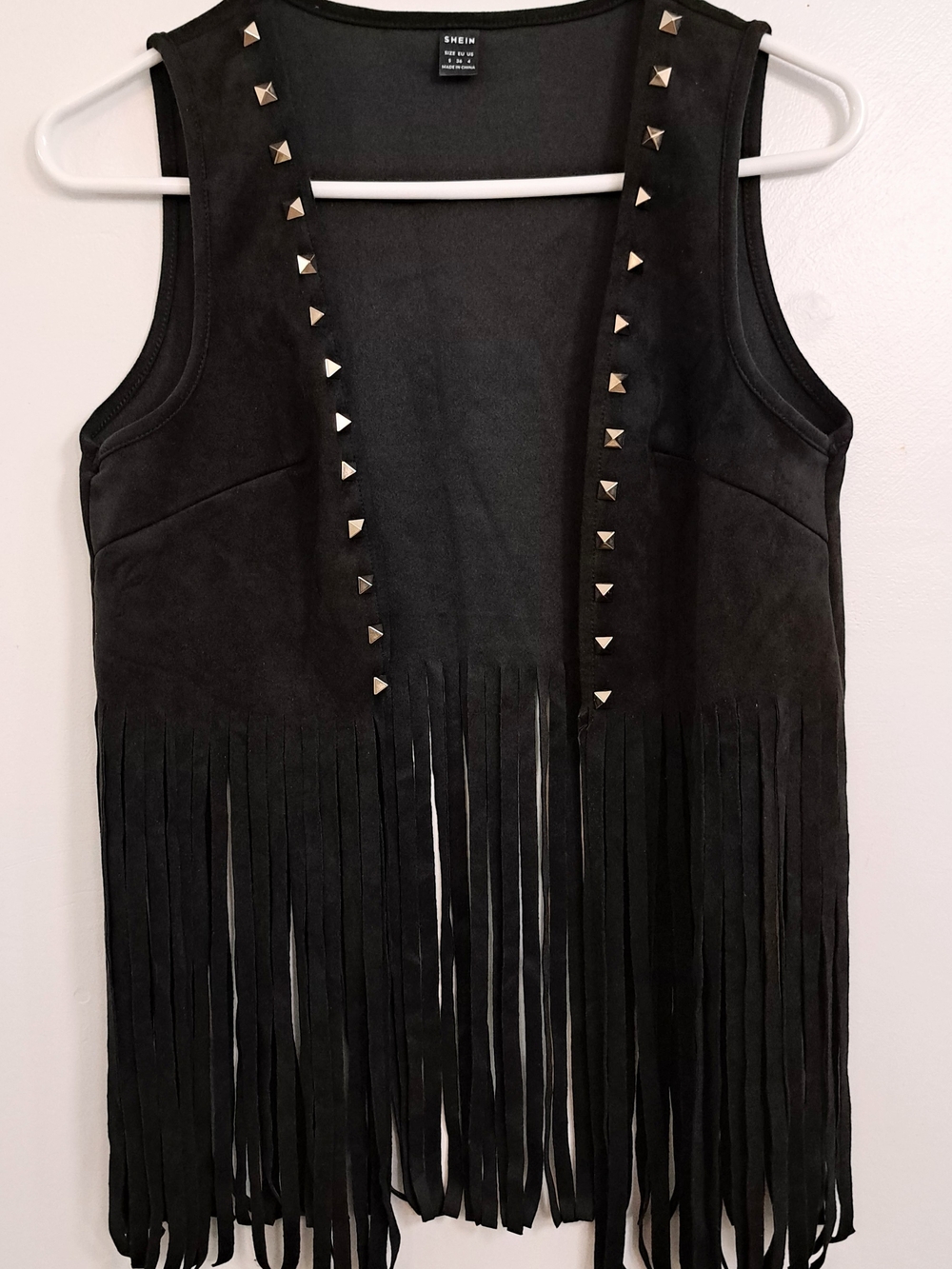 SHEIN Black Faux Suede Fringe Vest with Silver Studs